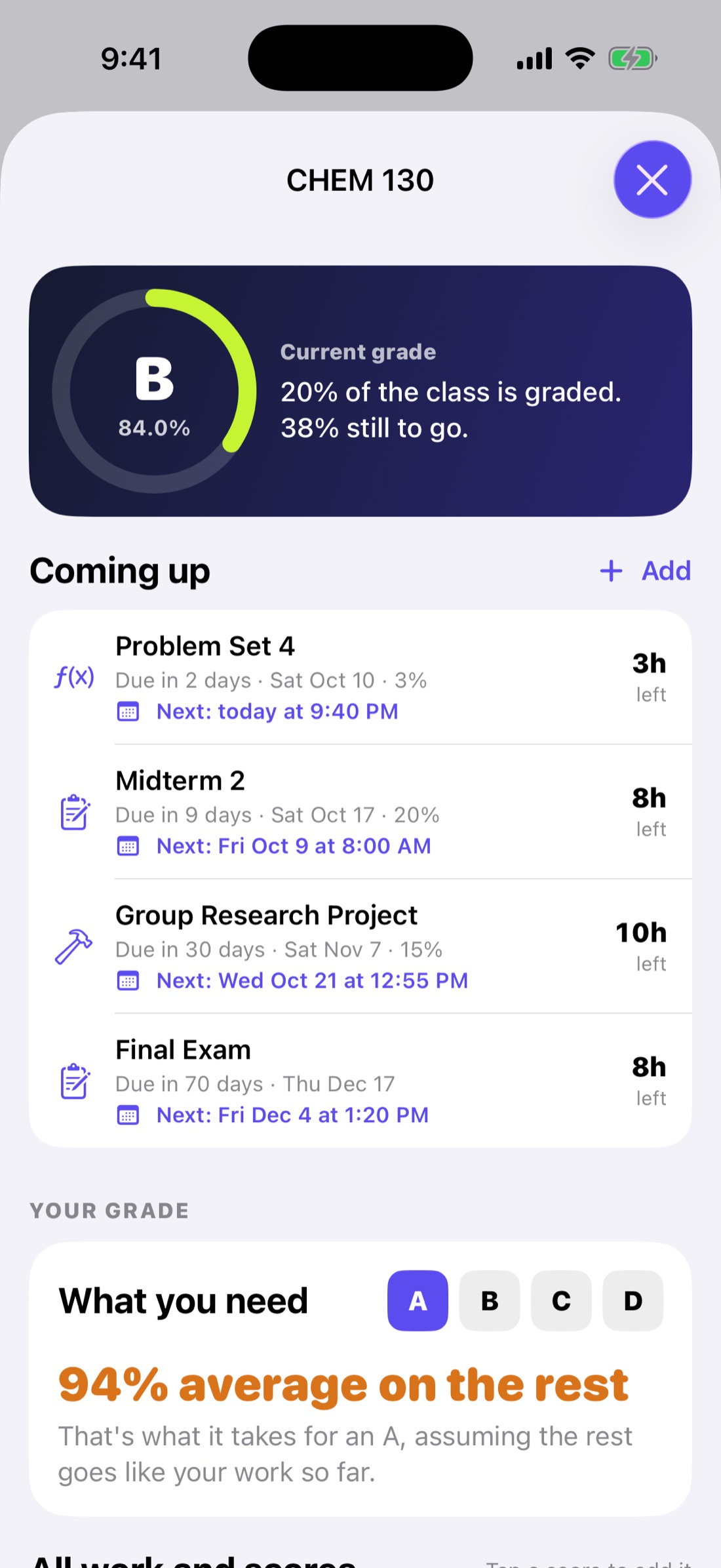 Class page with current grade and what's coming up