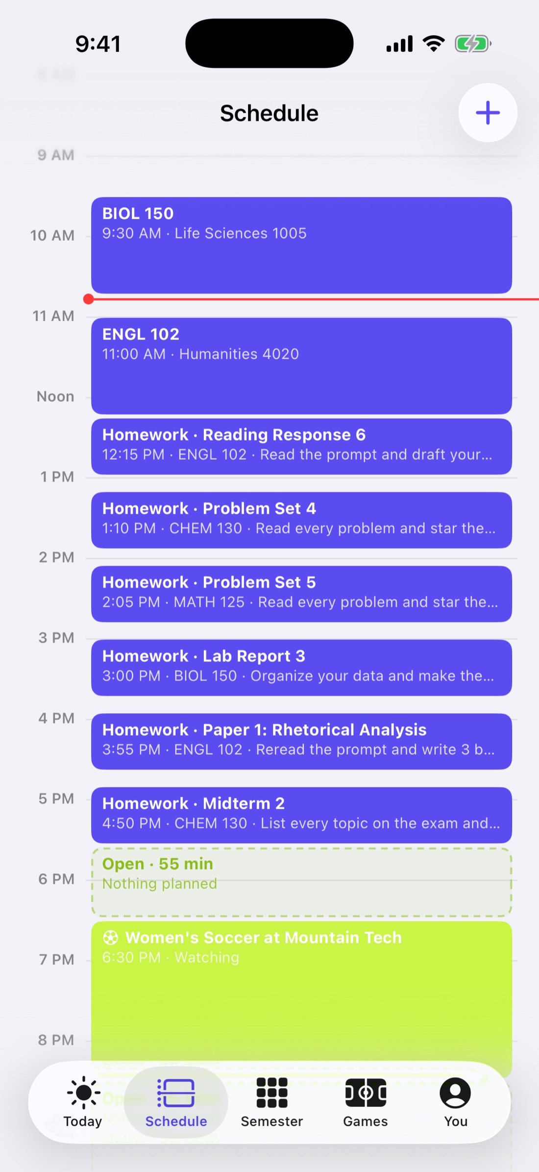 Schedule with classes, homework blocks and open time
