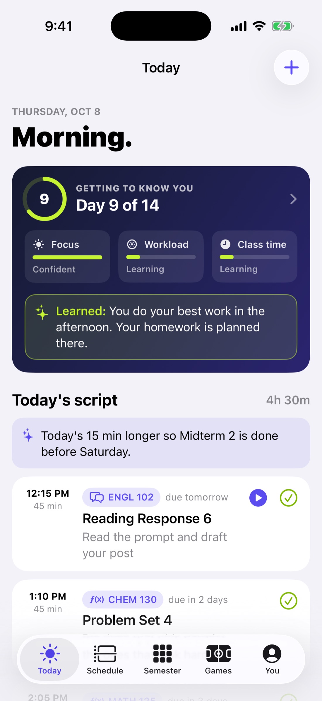 StudyScript Today screen with the day's homework plan